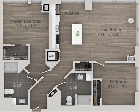Floor plan for 2 beds, 2 baths, 1094 sqft
